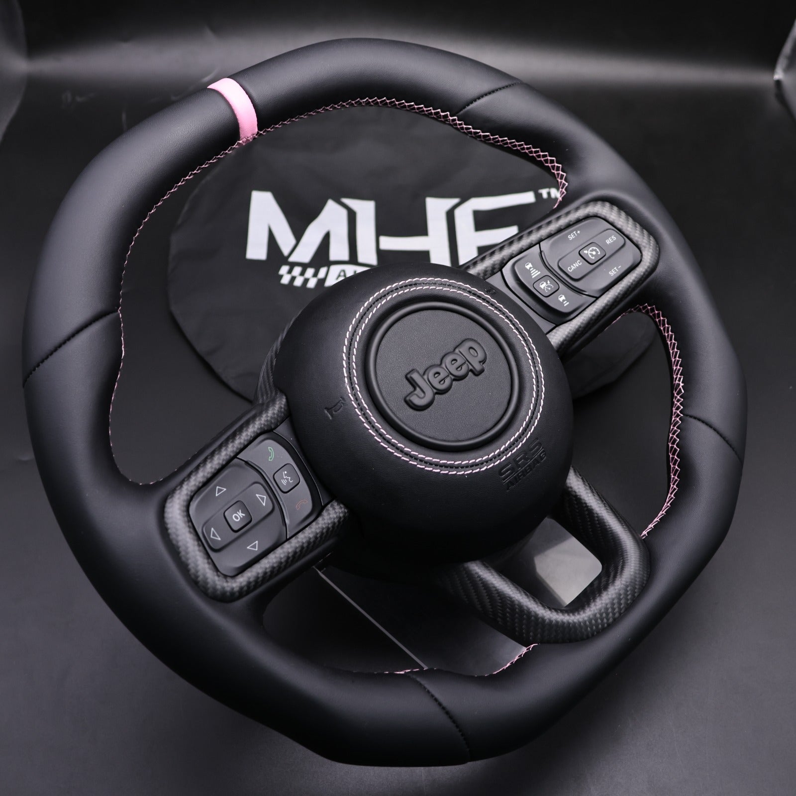 2018-2024 JT / JL “Pink Accent Stitching Matte Carbon Jeep Wrangler Trim Steering Wheel