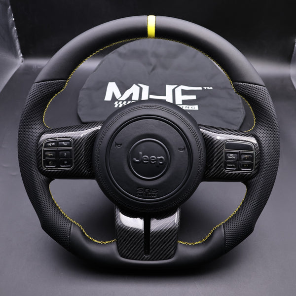 2011-2017 JK Wrangler Black Leather Yellow Accent Carbon Steering Wheel